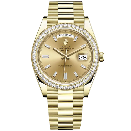 Day-Date 40 40mm President Bracelet and 18 KT Yellow Gold with Champagne-Colour Dial Diamond-Set Dial and Diamond-Set Bezel