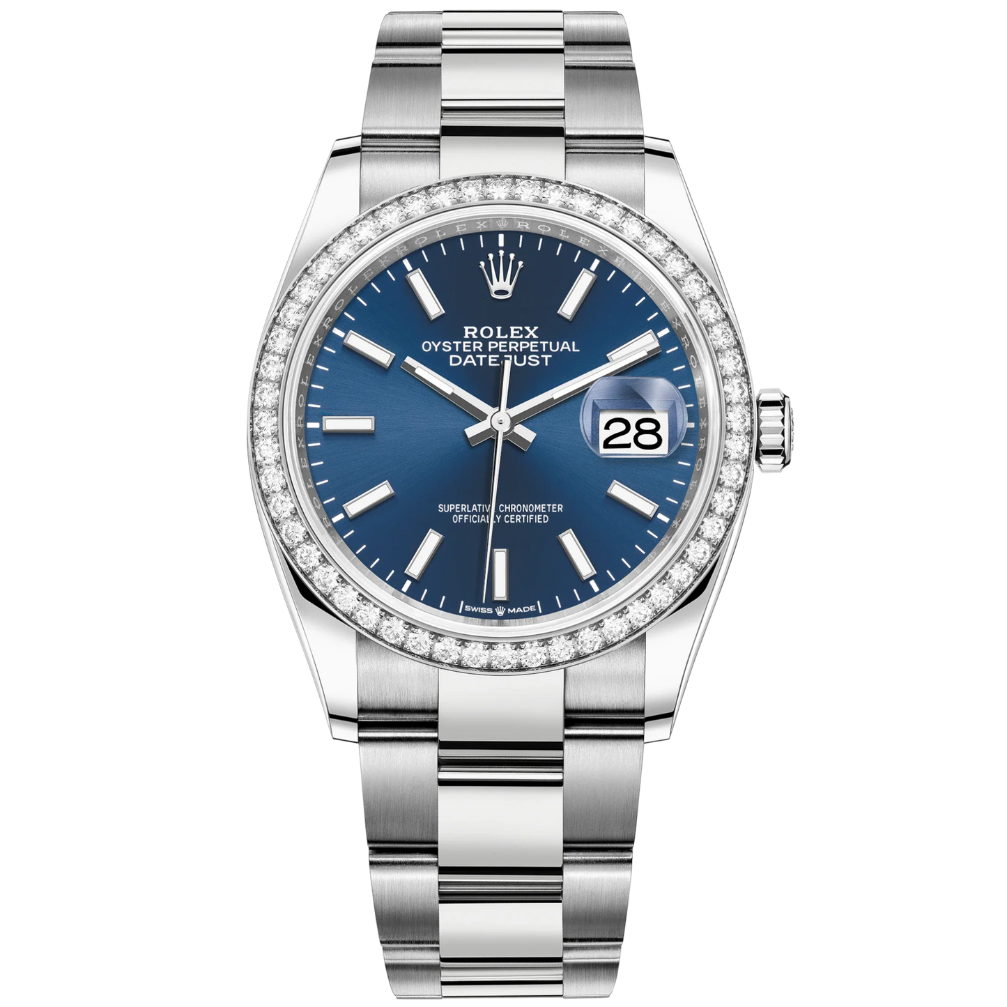 Datejust 36 36mm Oystersteel and White Gold Oyster Bracelet Bright Blue Dial Diamond-set Bezel