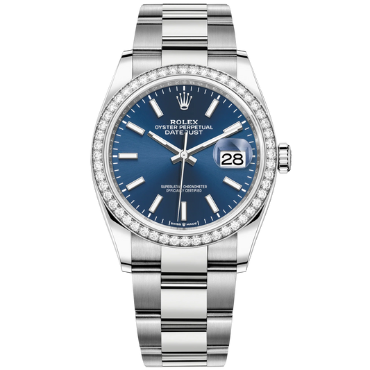 Datejust 36 36mm Oystersteel and White Gold Oyster Bracelet Bright Blue Dial Diamond-set Bezel