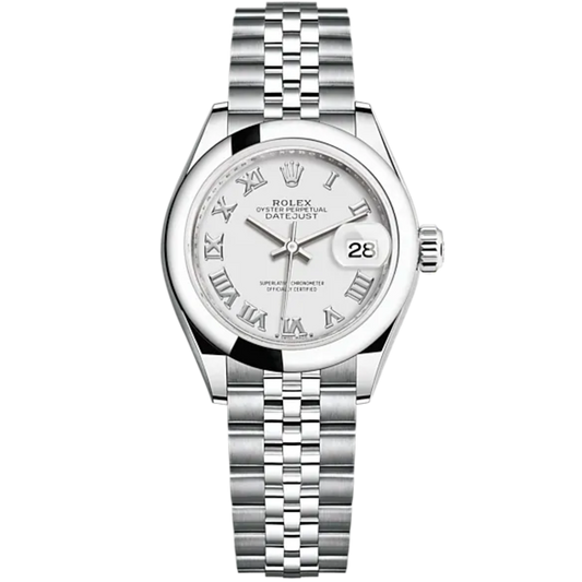 Lady-DateJust 28mm Oystersteel Jubilee Bracelet and White Dial Domed Bezel