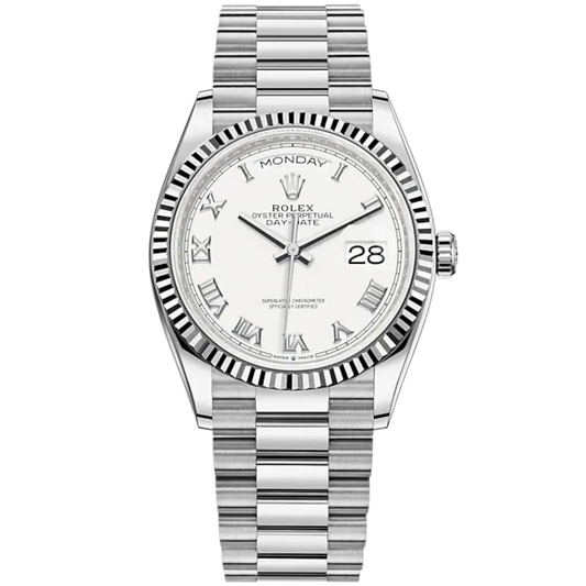 Day-Date 36 36mm President Bracelet and 18 KT White Gold with White Roman Dial Fluted Bezel
