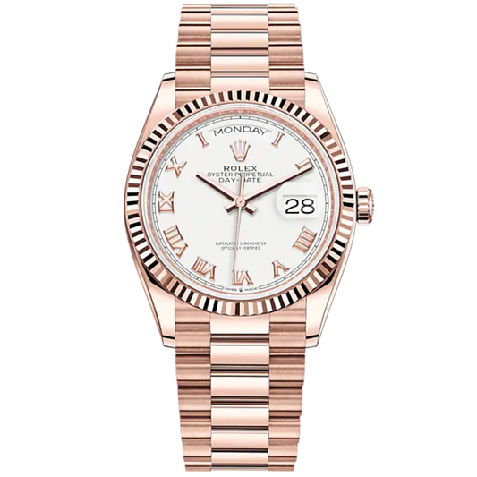 Day-Date 36 36mm President Bracelet and 18 KT Everose Gold with White Dial Fluted Bezel