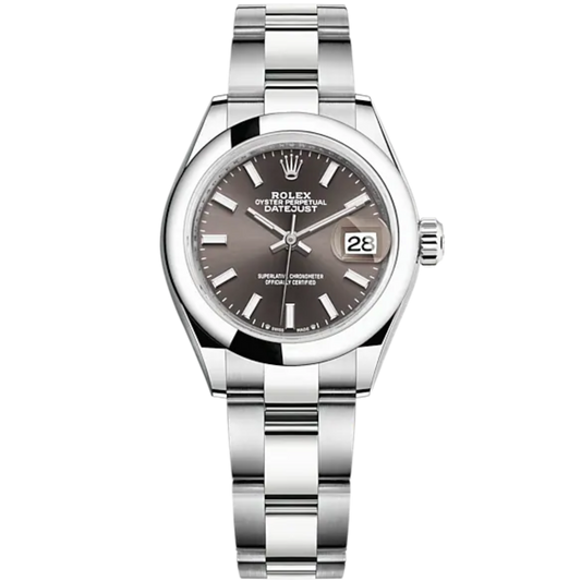 Lady-DateJust 28mm Oyster Oystersteel Bracelet and Dark Grey Dial with Domed Bezel