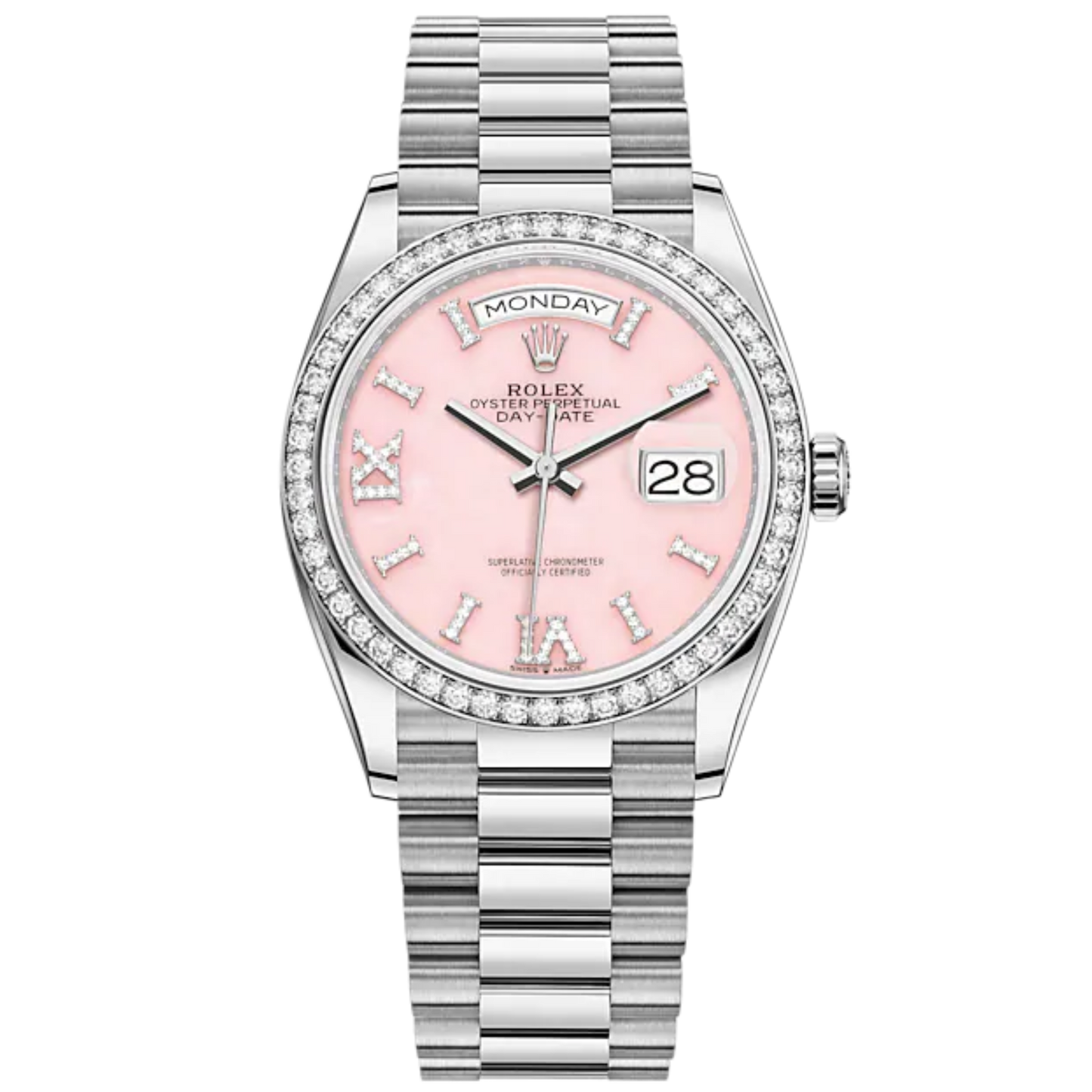 Day-Date 36 36mm President Bracelet and 18 KT White Gold with Pink Opal Dial Diamond-Set Dial Diamond-Set Bezel