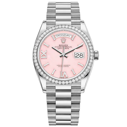 Day-Date 36 36mm President Bracelet and 18 KT White Gold with Pink Opal Dial Diamond-Set Dial Diamond-Set Bezel