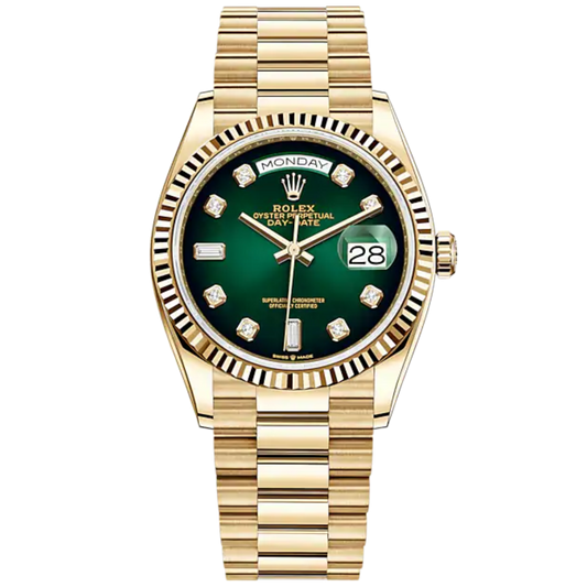 Day-Date 36 36mm President Bracelet and 18 KT Yellow Gold with Green Ombré Diamond-Set Dial Fluted Bezel