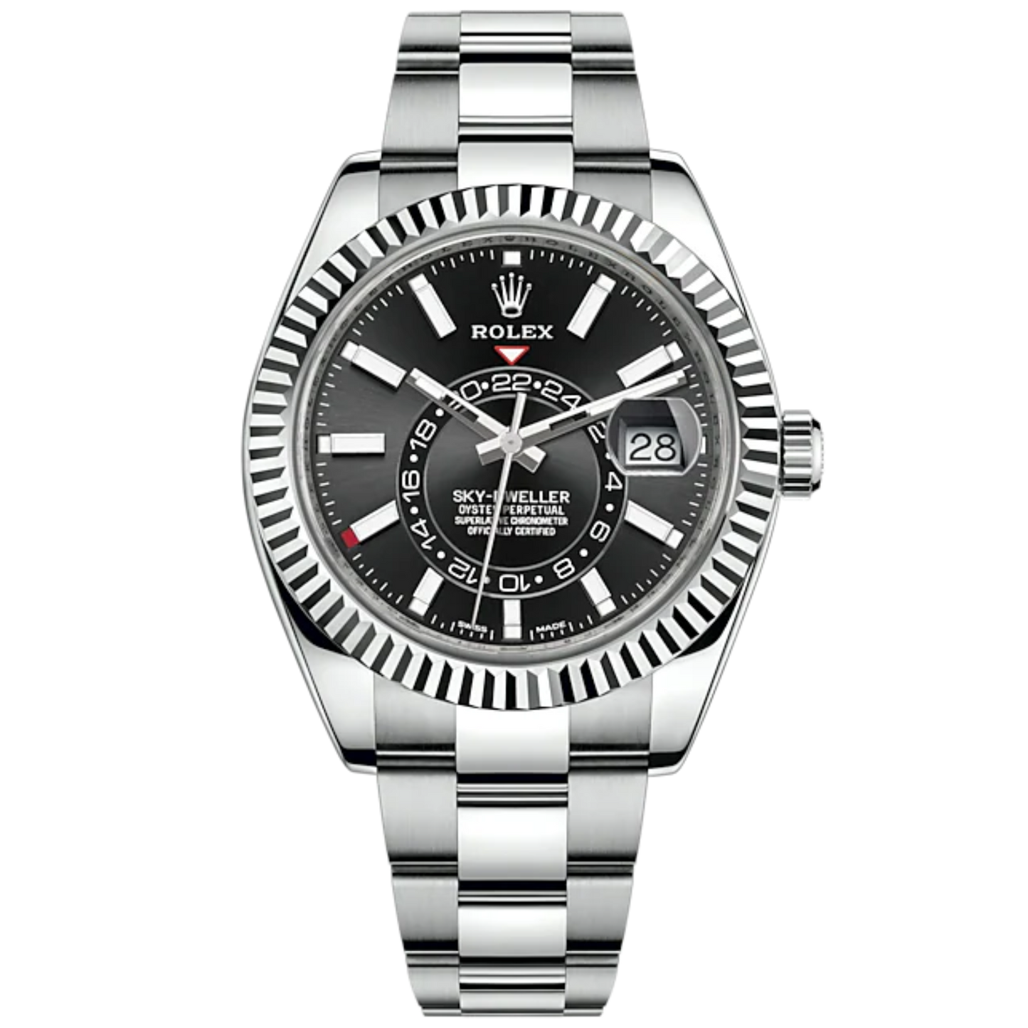 Sky-Dweller 42mm Oyster Bracelet Oystersteel and White Gold with Bright Black Dial Fluted Bezel