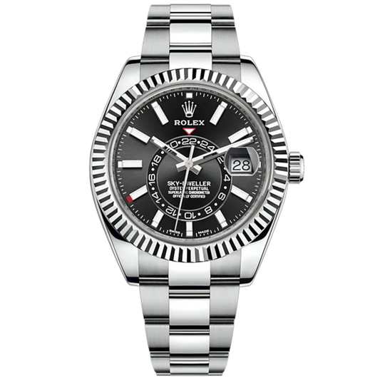 Sky-Dweller 42mm Oyster Bracelet Oystersteel and White Gold with Bright Black Dial Fluted Bezel