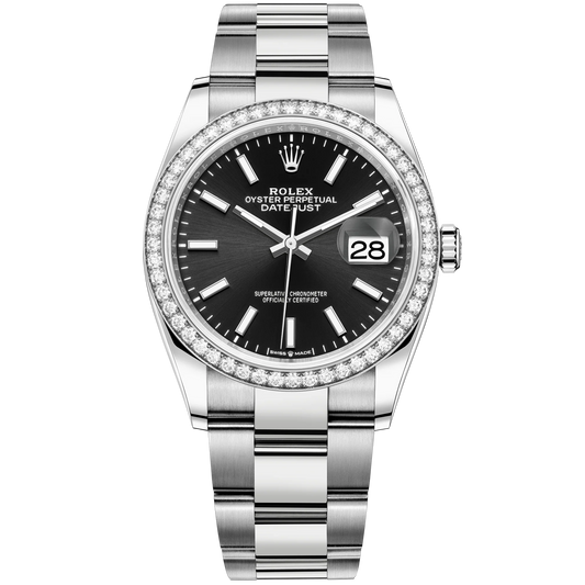 Rolex Datejust Ref. 126284RBR 36mm Oystersteel Bracelet with Black Stick Dial and Factory Diamond Bezel
