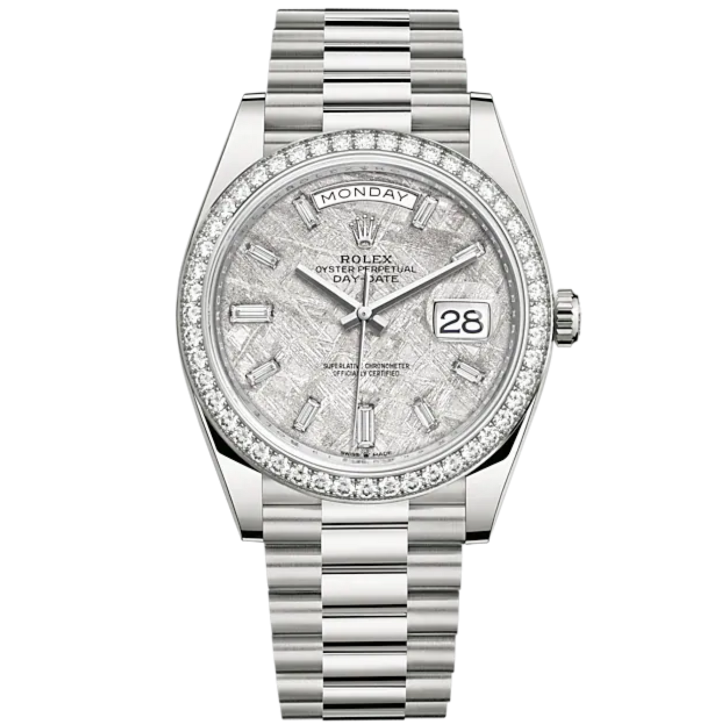 Day-Date 40 40mm President Bracelet and 18 KT White Gold with Meteorite Dial Diamond-Set Dial and Diamond-Set Bezel