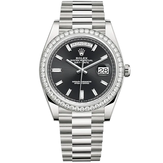 Day-Date 40 40mm President Bracelet and 18 KT White Gold with Bright Black Dial Diamond-Set Dial and Bezel