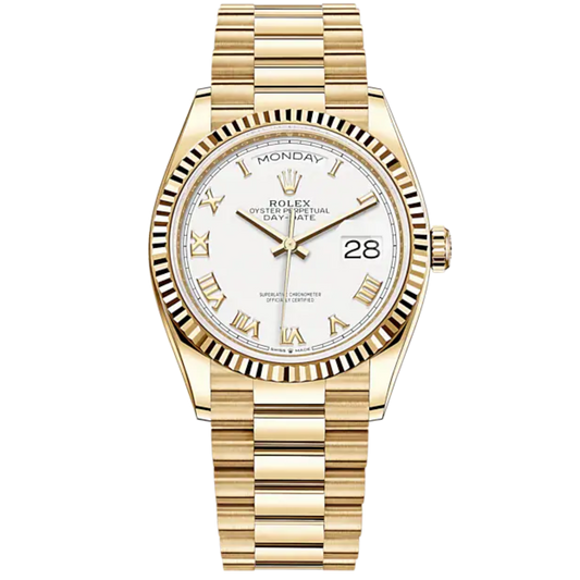 Day-Date 36 36mm President Bracelet and 18 KT Yellow Gold with White Roman Dial Fluted Bezel