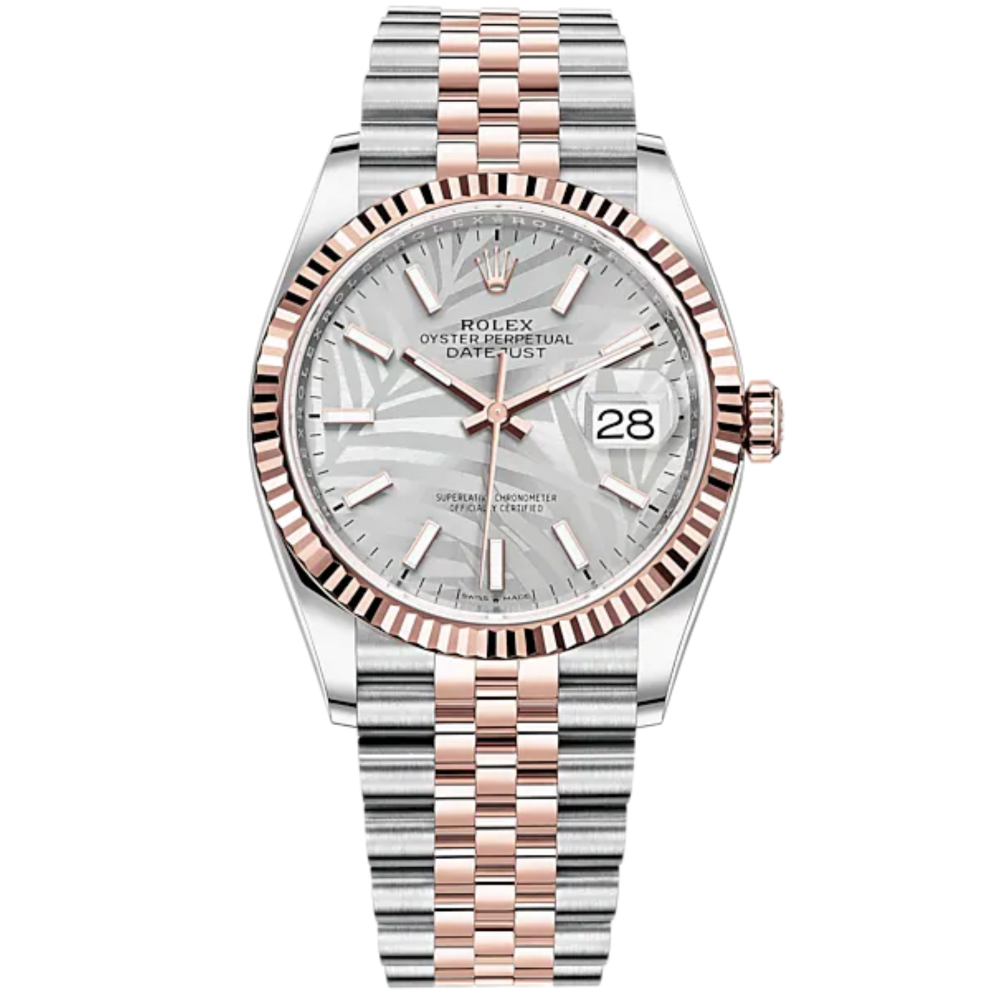 Datejust 36 36mm Oystersteel and Everose Gold Jubilee Bracelet Silver Palm-Motif Dial Fluted Bezel