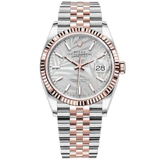 Datejust 36 36mm Oystersteel and Everose Gold Jubilee Bracelet Silver Palm-Motif Dial Fluted Bezel