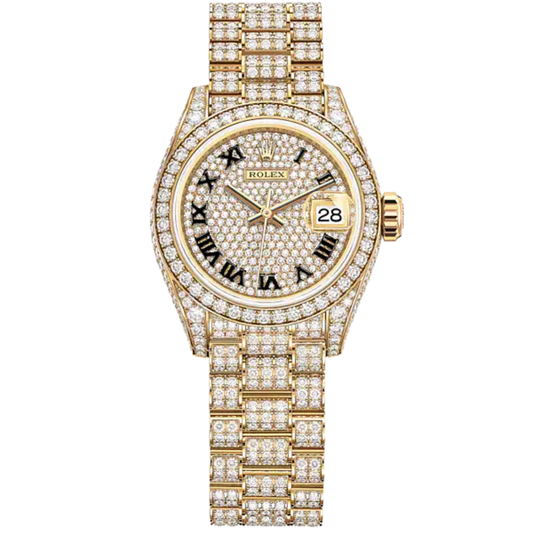 Lady-DateJust 28mm Diamond-Set President Bracelet and 18 KT Yellow Gold with Diamond-Paved Dial and Diamond-Set Bezel