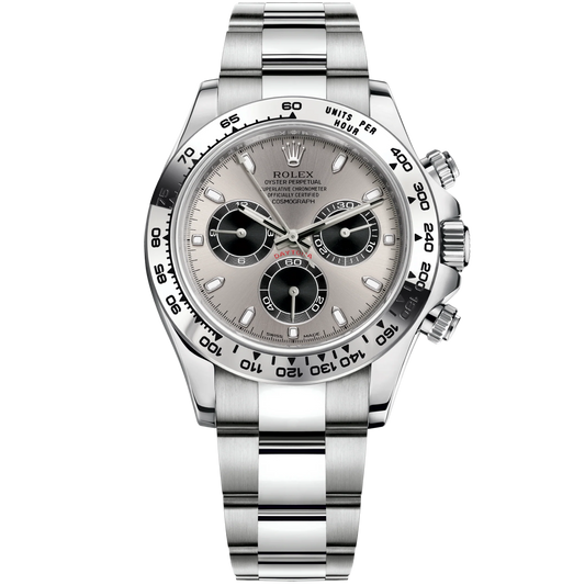 Cosmograph Daytona 40MM Oyster Bracelet Steel and Black Dial 18 CT White Gold Bezel With Engraved Tachymetric Scale