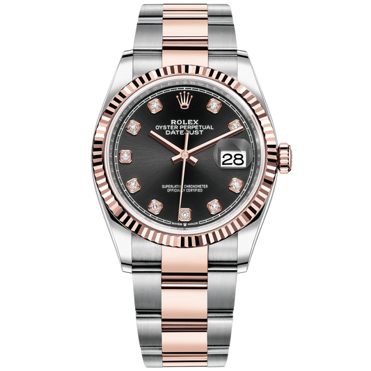 Datejust 36 36mm Oystersteel and Everose Gold Oyster Bracelet Bright Black Diamond-set Dial Fluted Bezel