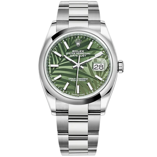 Datejust 36 36mm Oystersteel Oyster Bracelet Olive Green Palm-Motif Dial Domed Bezel