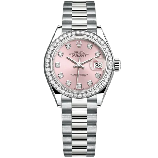 Lady-DateJust 28mm President Bracelet and 18 KT White Gold with Pink Dial Diamond-Set Dial and Diamond-Set Bezel