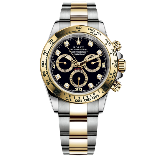 Cosmograph Daytona 40MM Oyster Bracelet Yellow Gold With a Black Diamond-Set Dial Yellow Gold Bezel With Engraved Tachymetric Scale