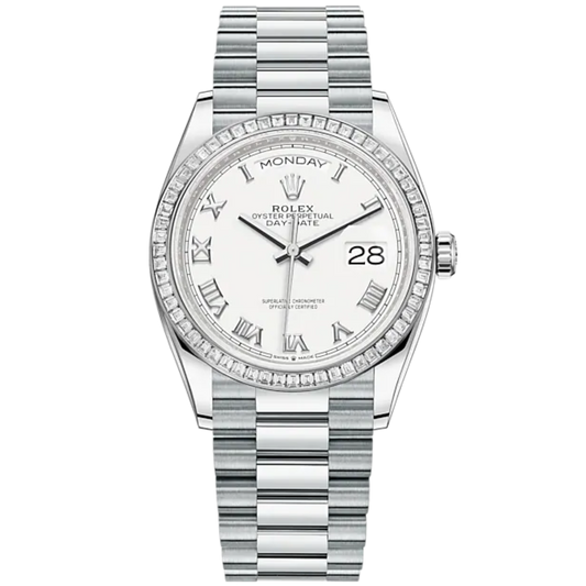 Day-Date 36 36mm President Bracelet and 18 KT White Gold with White Dial Diamond-Set Bezel