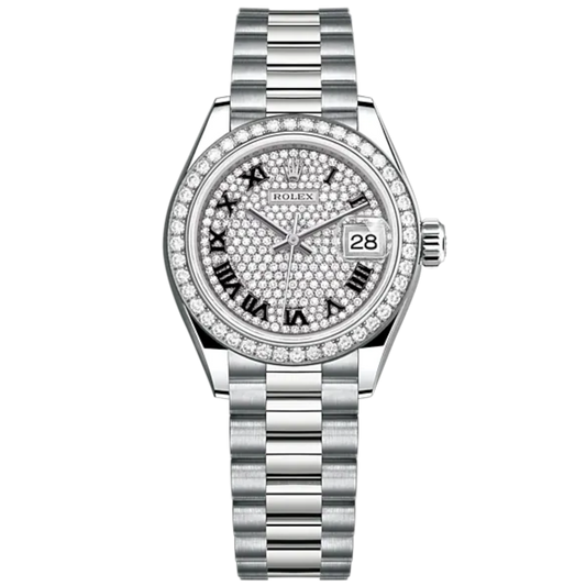Lady-DateJust 28mm President Bracelet and 18 KT White Gold with Diamond-Paved Dial and Diamond-Set Bezel