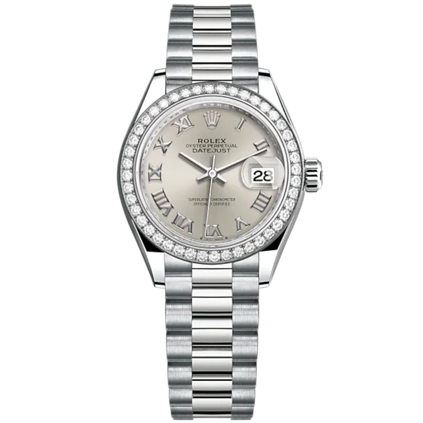 Lady-DateJust 28mm President Bracelet and 18 KT White Gold with Silver Roman Dial and Diamond-Set Bezel