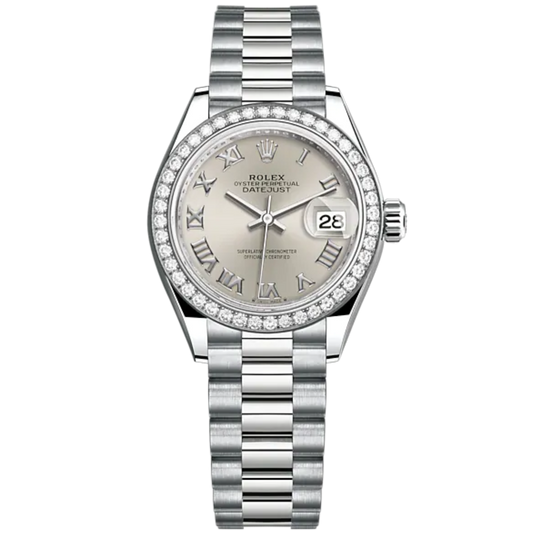 Lady-DateJust 28mm President Bracelet and 18 KT White Gold with Silver Roman Dial and Diamond-Set Bezel