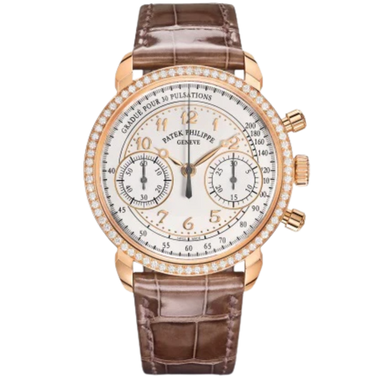 7150/250R Complications 38mm Shiny Mink Gray Alligator Strap   Silvery Opaline Dial Diamond-paved Rose Gold Bezel