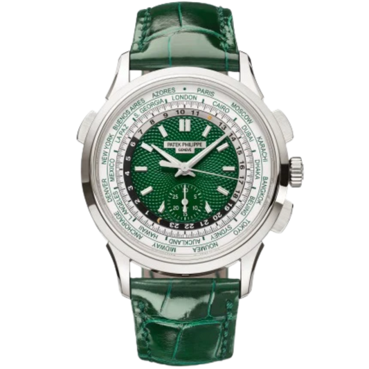 5930P Complications 39.5mm Shiny Bottle Green Alligator Strap Green Hand-Guilloched Dial Platinum Bezel
