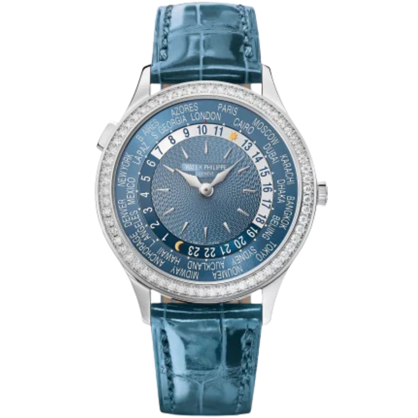7130G Complications 36mm Shiny Peacock Blue Alligator Strap  Hand-Guilloched Gray-Blue Dial Diamond-set White Gold Bezel