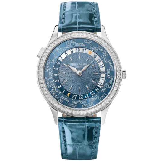 7130G Complications 36mm Shiny Peacock Blue Alligator Strap  Hand-Guilloched Gray-Blue Dial Diamond-set White Gold Bezel