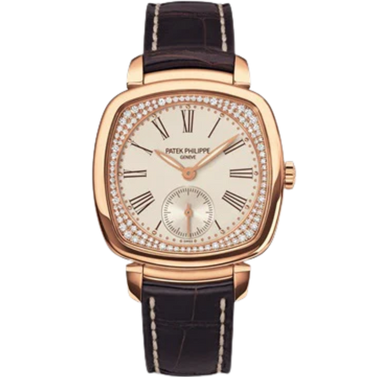 7041R Gondolo Dark Chestnut Alligator Strap Silvery Grained Diamond-set Flange Dial Rose Gold Rectangular Bezel