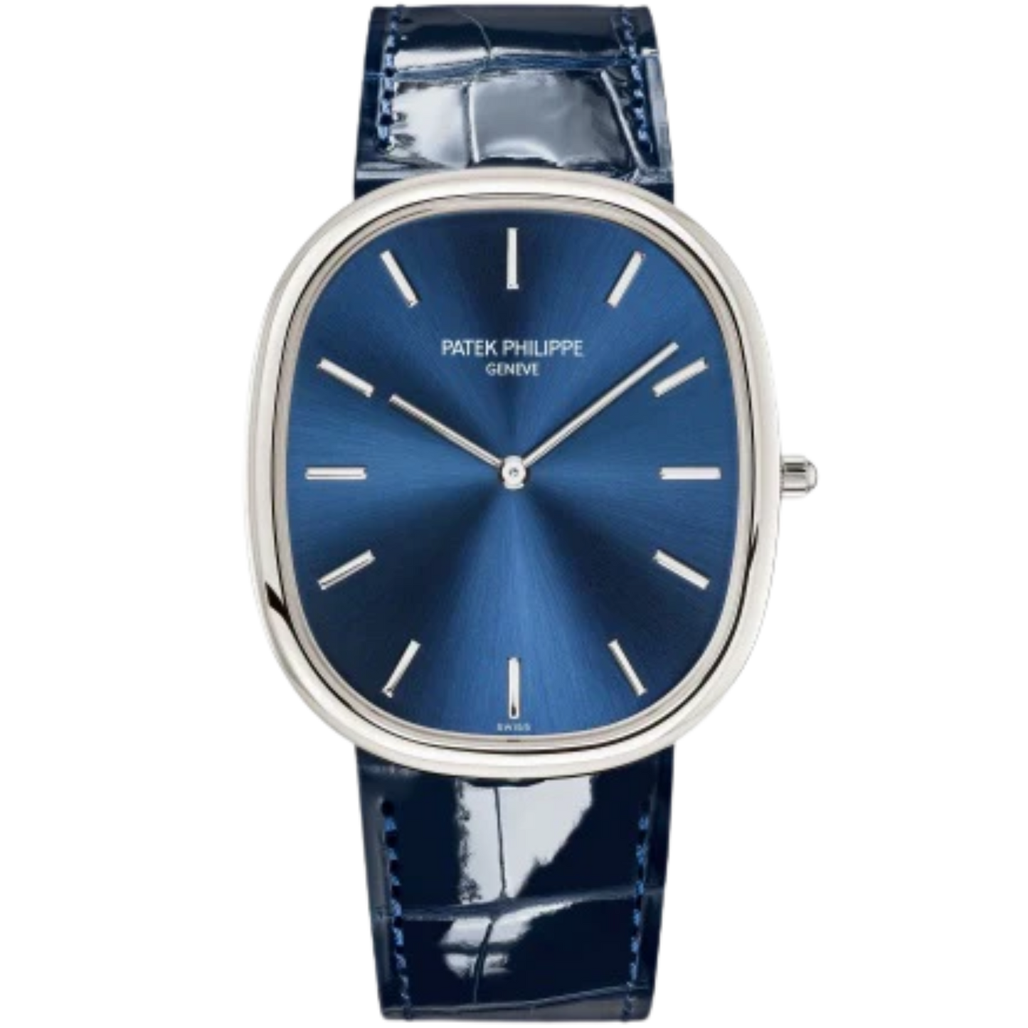 5738P Golden Ellipse Shiny Navy Blue Alligator Strap Blue Gold Sunburst Dial Platinum Bezel
