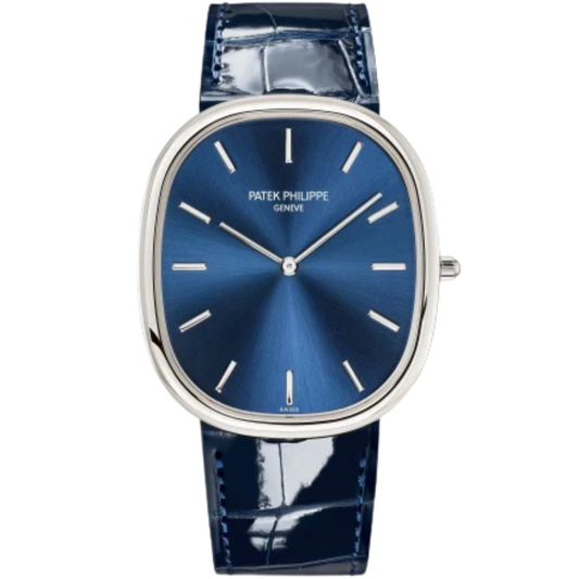 5738P Golden Ellipse Shiny Navy Blue Alligator Strap Blue Gold Sunburst Dial Platinum Bezel