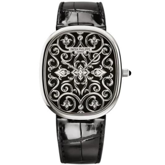 5738/51G Golden Ellipse Shiny Black Leather Alligator Strap Grand Feu Black 18K Gold Dial White Gold Bezel
