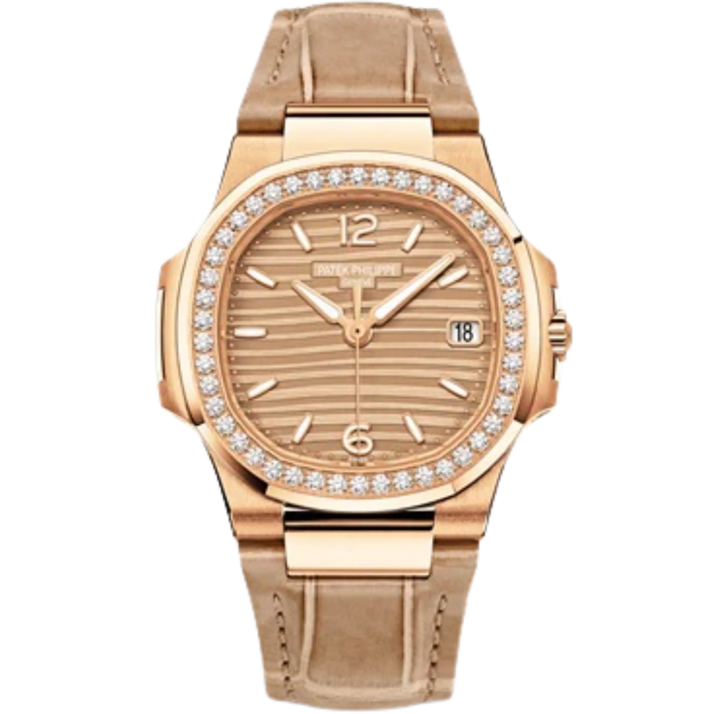 7010R-012 Nautilus Beige Shiny Alligator Strap Golden Embossed Dial Rose Gold Octagonal Diamond Bezel