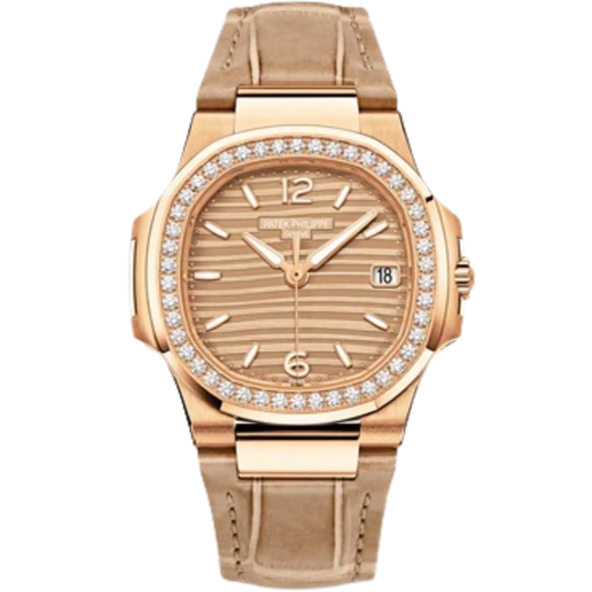 7010R-012 Nautilus Beige Shiny Alligator Strap Golden Embossed Dial Rose Gold Octagonal Diamond Bezel