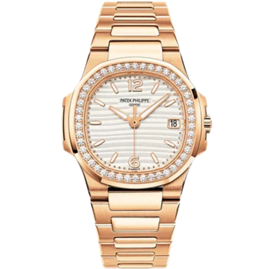 7010/1R Nautilus Rose Gold Bracelet Silvery Opaline Embossed Dial Rose Gold Octagonal Diamond Bezel