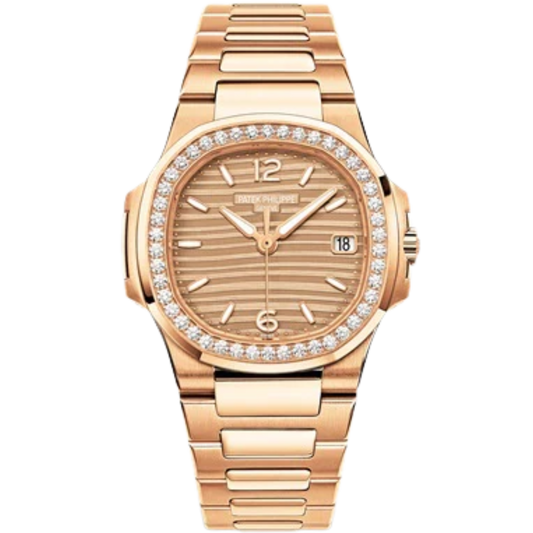 7010-1R-012 Nautilus Rose Gold Bracelet Golden Embossed Dial Rose Gold Octagonal Diamond Bezel