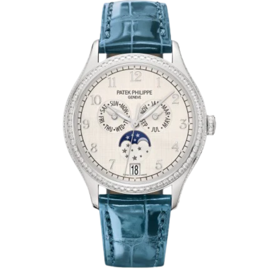 4947G Complications 38mm Shiny Peacock Blue Alligator Strap Silvery Satin Dial White Gold Diamond-paved Bezel