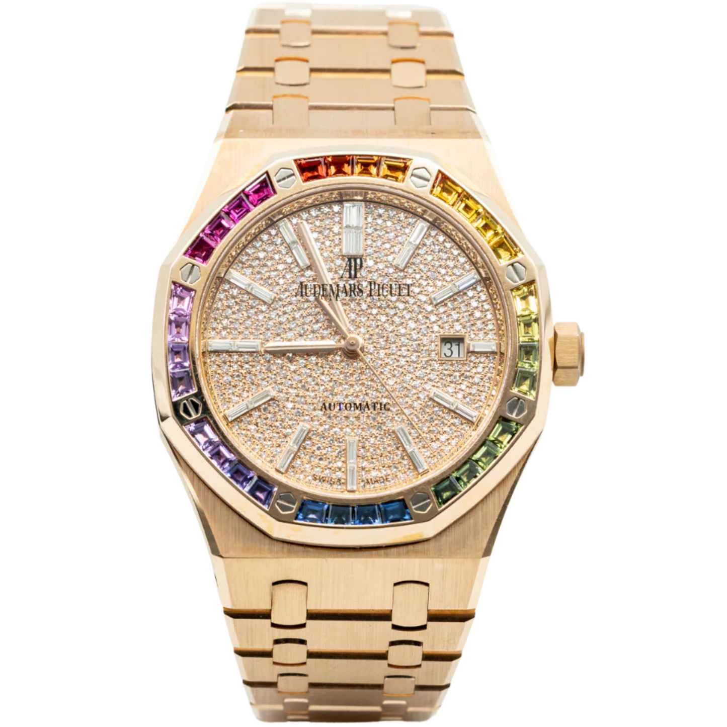 Audemars Piguet Royal Oak Ref. 15413OR.YY.1220OR.01 41MM Rose Gold Pave Dial with Rainbow Bezel/Baguette Markers