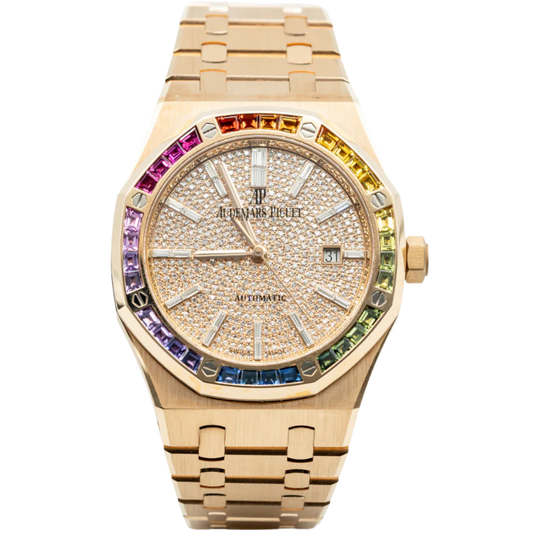 Audemars Piguet Royal Oak Ref. 15413OR.YY.1220OR.01 41MM Rose Gold Pave Dial with Rainbow Bezel/Baguette Markers