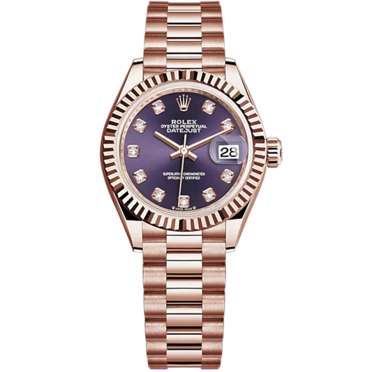 Lady-DateJust 28mm President Bracelet and 18 KT Everose Gold with Aubergine Dial Diamond-Set Dial Fluted Bezel