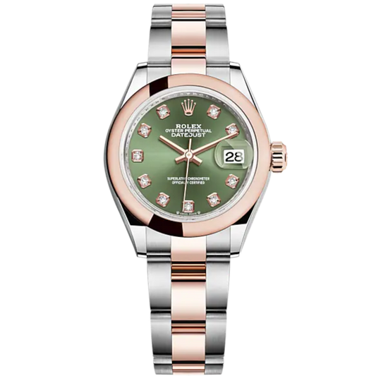 Lady-DateJust 28mm Oyster Oystersteel Bracelet and Everose Gold with Olive-Green Dial Diamond-Set Dial Domed Bezel