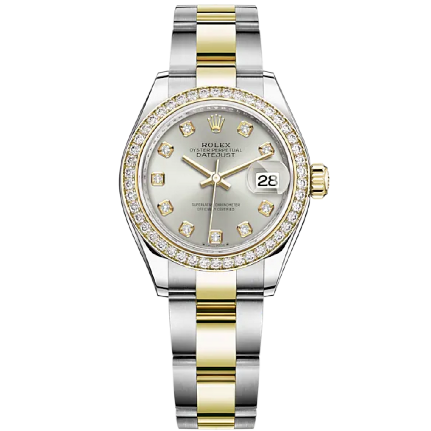 Lady-DateJust 28mm Oyster Oystersteel Bracelet and Yellow Gold with Silver Dial Diamond-Set Dial Diamond-Set Bezel