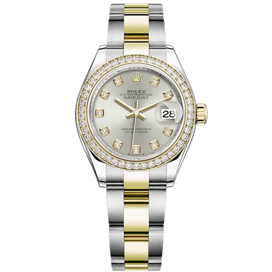 Lady-DateJust 28mm Oyster Oystersteel Bracelet and Yellow Gold with Silver Dial Diamond-Set Dial Diamond-Set Bezel