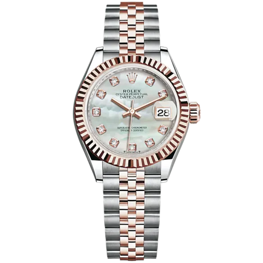 Lady-DateJust 28mm Oystersteel Jubilee Bracelet and Everose Gold with White Mother-of-Pearl Dial Diamond-Set Dial Fluted Bezel