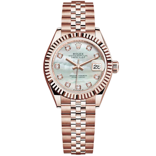 Lady-DateJust 28mm Jubilee Bracelet and 18 KT Everose Gold with White Mother-of-Pearl Diamond-Set Dial Fluted Bezel