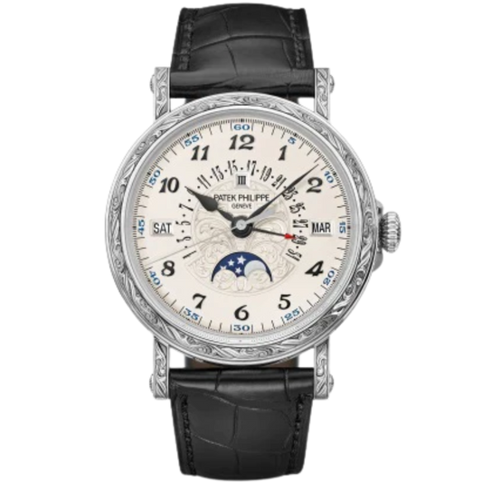 5160/500G Grand Complications 38mm Matte Black Alligator Strap Silvery Opaline Dial Hand-Engraved White Gold Bezel